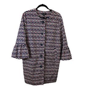 Eden Court Navy Cream Coral Geometric Preppy 3/4 Bell Sleeve Button Jacket XL